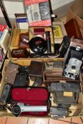 TWO TRAYS CONTAINING VINTAGE CAMERAS AND EQUIPMENT, including a Voigtlander Range finder, a cased