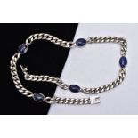 A WHITE METAL, SODALITE CABOCHON NECKLET, curb link chain set with five sodalite cabochons each