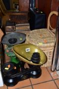 A GROUP OF LUGGAGE, SCALES, TREEN BOXES, etc, including a set of The Salter Staffordshire scales and