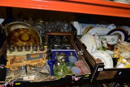 SIX BOXES OF CERAMICS AND GLASSWARE, etc, including Honiton pottery hedgehog platter, ceramic ducks,