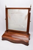 A LATE VICTORIAN MAHOGANY AND SATINWOOD STRUNG TOILET MIRROR, the rectangular frame with bevel