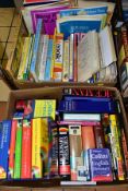 BOOKS & MUSIC TUTORIALS, two boxes containing Dictionaries, Children's Titles, Tolkien and music