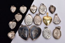 A BAG OF ASSORTED LOCKETS, with various engraved designs and shapes such as five ovals, seven