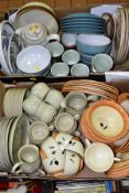 TWO BOXES OF POOLE AND DENBY POTTERY, mostly tea and dinner wares, patterns include Fresco by Rachel