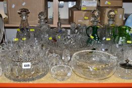 A QUANTITY OF CLEAR AND COLOURED GLASSWARE, including assorted 20th Century Bohemian cut glass