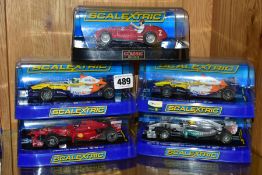 FIVE BOXED SCALEXTRIC FORMULA ONE RACING CARS, Renault F1 2007 (C2780), Renault F1 2008 F.Alonso (
