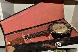 A CASED VINTAGE BANJO MANDOLIN stamped 'W. BATES MAKER, BIRMINGHAM', The drum with tears and rust