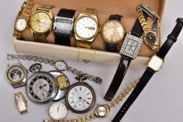 A TRAY OF ASSORTED WRISTWATCHES AND POCKET WATCHES, to include a watch case with a gents gold plated