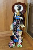 AN OLD TUPTON WARE FIGURE, 'Oriental Blooms' of a Geisha girl with parasol, height 36cm, together
