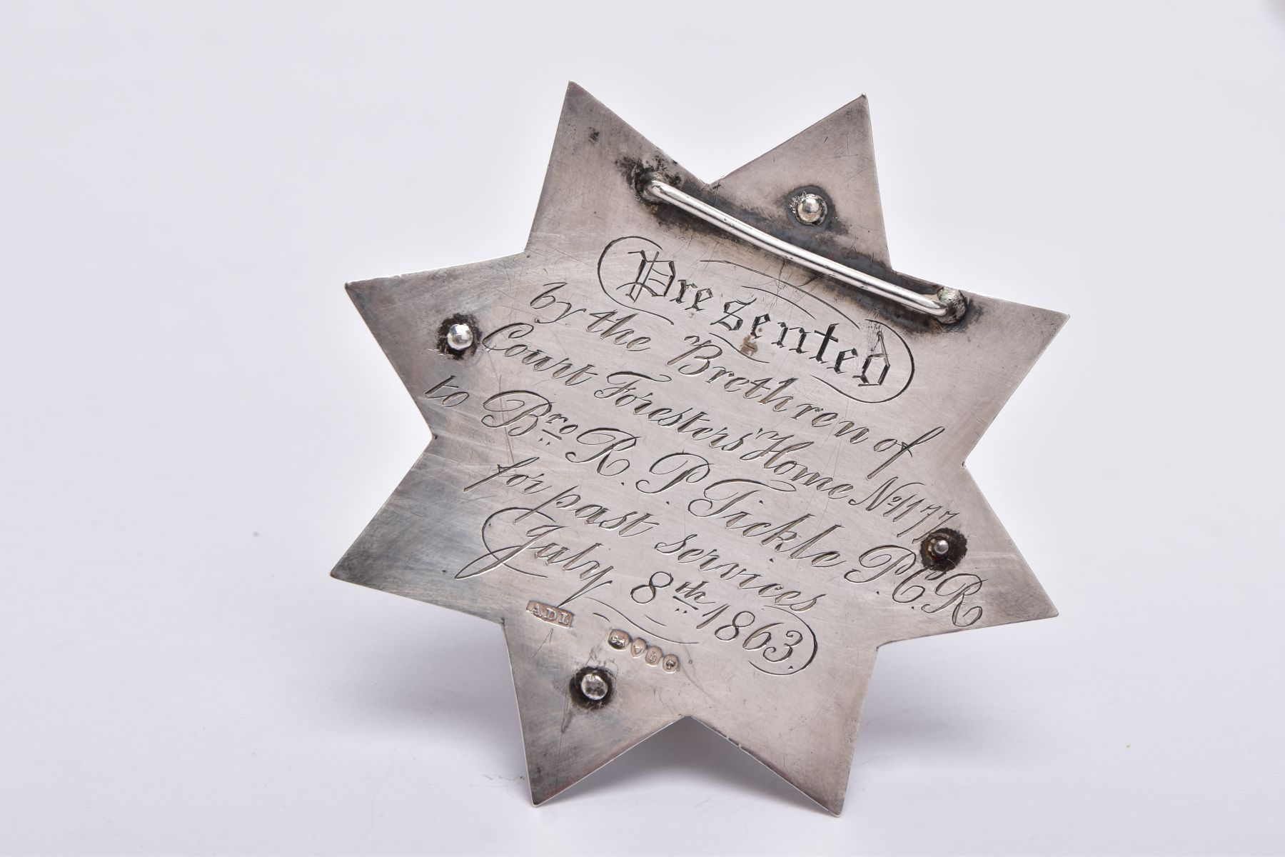 A MID VICTORIAN SILVER CHIEF RANGERS MASONIC MEDAL, star form with an engraved floral design, set - Image 4 of 6