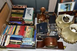FOUR BOXES AND LOOSE OF BOOKS, PRINTS, MIRROR, ONYX BASED TABLE LAMPS, mahogany cased dome top