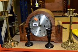 AN OAK CASED DOME TOP WHITTINGTON CHIME MANTEL CLOCK, with pendulum and key, movement overwound,