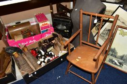 TWO BOXES AND LOOSE SUNDRY ITEMS etc, to include an Indian wood and brass top folding table,