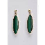 A PAIR OF 9CT GOLD, MALACHITE DROP EARRINGS, each designed with an oval shaped malachite drop within