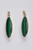 A PAIR OF 9CT GOLD, MALACHITE DROP EARRINGS, each designed with an oval shaped malachite drop within