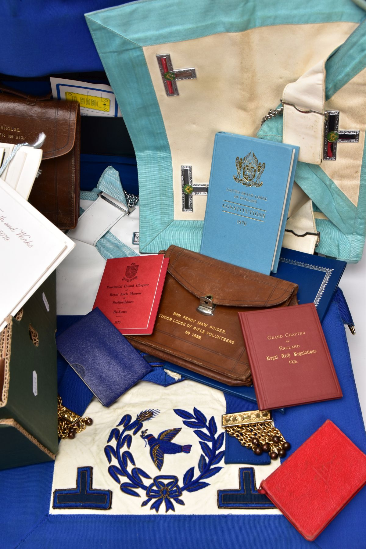 TWO CASES AND A BOX OF MASONIC REGALIA, to include a brown case which opens to reveal a blue and - Image 2 of 8