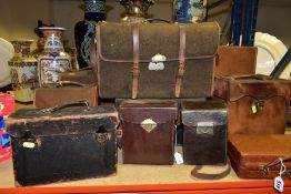 TEN ASSORTED VINTAGE LEATHER AND CANVAS CASES FOR CLOTHES, JEWELLERY, CAMERAS, etc, camera cases