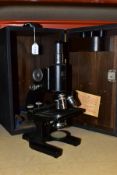A CASED SPENCER MONOCULAR MICROSCOPE, No 186603, height of instrument approximately 32cm, appears