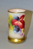 A ROYAL WORCESTER CYLINDRICAL VASE, with bulbous base, hand painted with blackberries and brambles