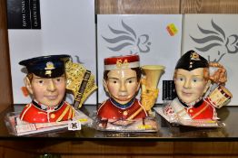 THREE BOXED ROYAL DOULTON CHARACTER JUGS, comprising North Staffordshire Fife Player D7217 and North