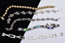 A BAG OF SILVER AND WHITE METAL BRACELETS, to include a silver gilt ball link bracelet fitted with a