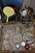 TWO BOXES AND LOOSE GLASSWARE, METALWARES, PRINTS, etc, including 20th Century pewter tankards,