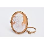 A YELLOW METAL CAMEO BROOCH AND A 9CT GOLD PENDANT MOUNT, the cameo of an oval form depicting the