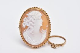 A YELLOW METAL CAMEO BROOCH AND A 9CT GOLD PENDANT MOUNT, the cameo of an oval form depicting the