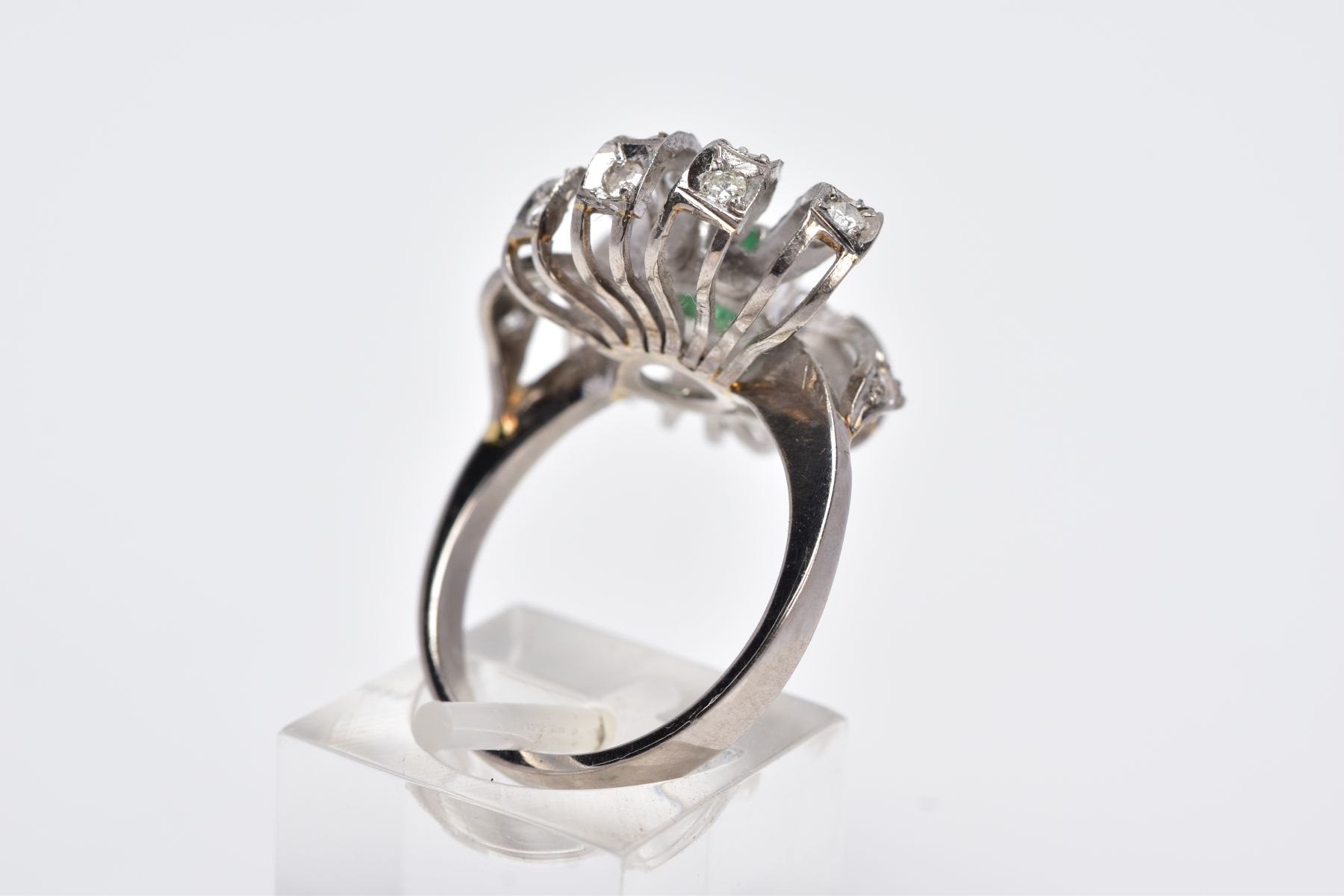 A WHITE METAL EMERALD AND DIAMOND RING, set with a central oval cut emerald (internal fracture - Image 3 of 6