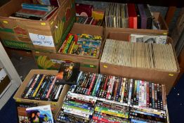 EIGHT BOXES OF BOOKS, DVD'S, LP'S AND MAGAZINES, etc, including vintage and modern children's