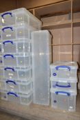 ELEVEN VARIOUS PLASTIC STORAGE BOXES, comprising a 77L box, seven 70L boxes, a 35L box and two 18L