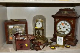 FIVE EARLY/MID 20TH CENTURY CLOCKS, comprising a brass carriage clock, unbranded, winds and runs,