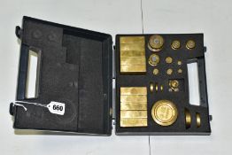 A CASED SET OF BRASS W & T AVERY TEST WEIGHTS, appear largely complete and in fairly good condition