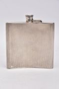 A GEORGE V SILVER HIP FLASK, bowed rectangular form, bayonet cap, engine turned body, makers S.P.