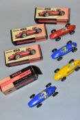 FOUR BOXED WRENN FORMULA 152 ELECTRIC SLOT RACING CARS, red Ferrari 256, No. RC1, blue Cooper T51,