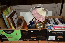 THREE BOXES SUNDRIES, BOOKS, PICTURES, ETC, to include table lamps, small barometer, a novelty