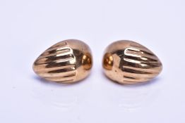 A PAIR OF 9CT GOLD EARRINGS, each hollow earring of an oval half hoop form, post and clip back