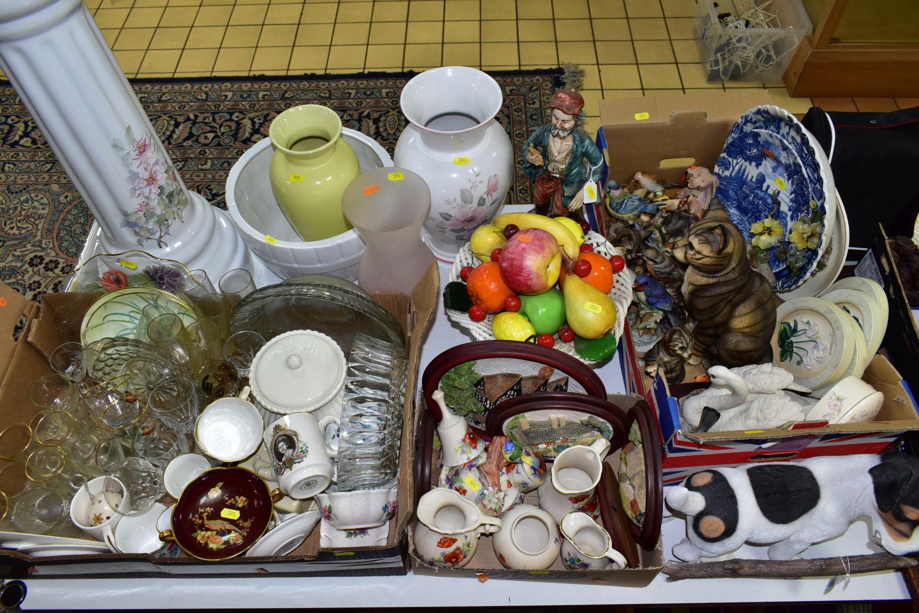 THREE BOXES AND LOOSE CERAMICS, GLASSWARE, etc, including a resin figure of a Jack Russell puppy