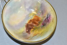 A ROYAL WORCESTER FOOTED PIN DISH, shape No 2769, decorated with Highland cattle and signed H.