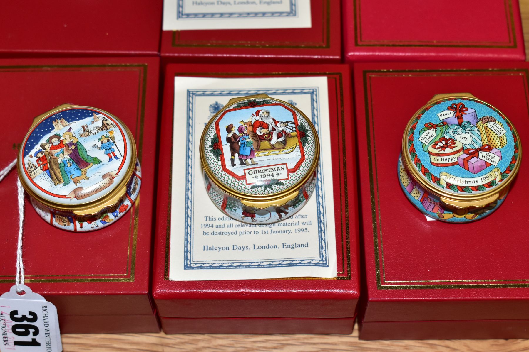 SEVEN BOXED HALCYON DAYS CHRISTMAS ENAMEL BOXES, 1993, 1994 with certificate, 1995, 1996, 1997 - Image 2 of 5