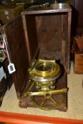 A CASED TROUGHTON & SIMMS BRASS THEODOLITE BASE, missing top sight etc, crack to glass on compass,
