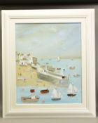 LUCY YOUNG (BRITISH CONTEMPORARY) 'MAKING A SPLASH' a whimsical coastal landscape, signed bottom