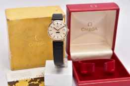AN 'OMEGA GENEVE' WRISTWATCH, hand wound movement, round silver dial signed 'Omega, MLM, Geneve',