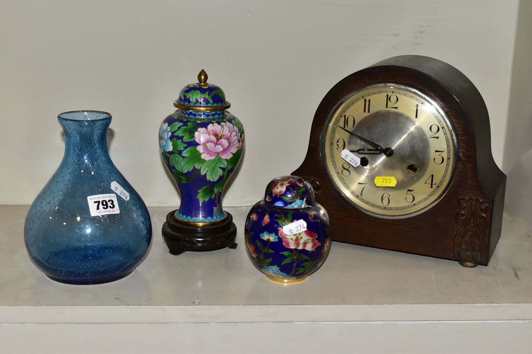 A 1920'S OAK CASED DOME TOP MANTEL CLOCK, two 20th Century cloisonne jars and covers, one with a