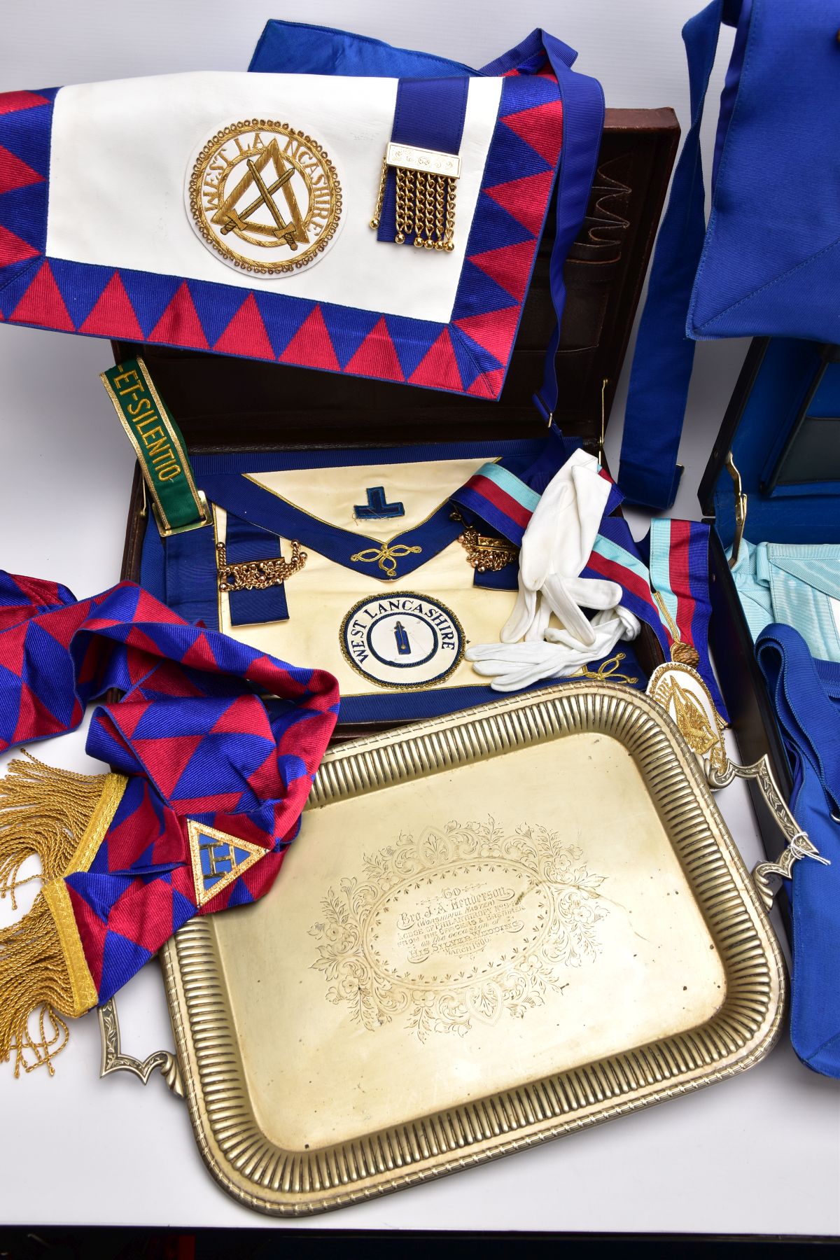 TWO CASES AND A BOX OF MASONIC REGALIA, to include a brown case which opens to reveal a blue and - Image 6 of 8