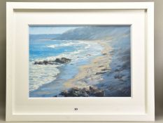 JAMES BARTHOLOMEW (BRITISH CONTEMPORARY), 'WINDBREAK, SENNON COVE', a Cornish coastal landscape,