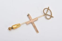 A 9CT GOLD STICK PIN AND A YELLOW METAL PENDANT, the stick pin in the form of a rope twist knot,