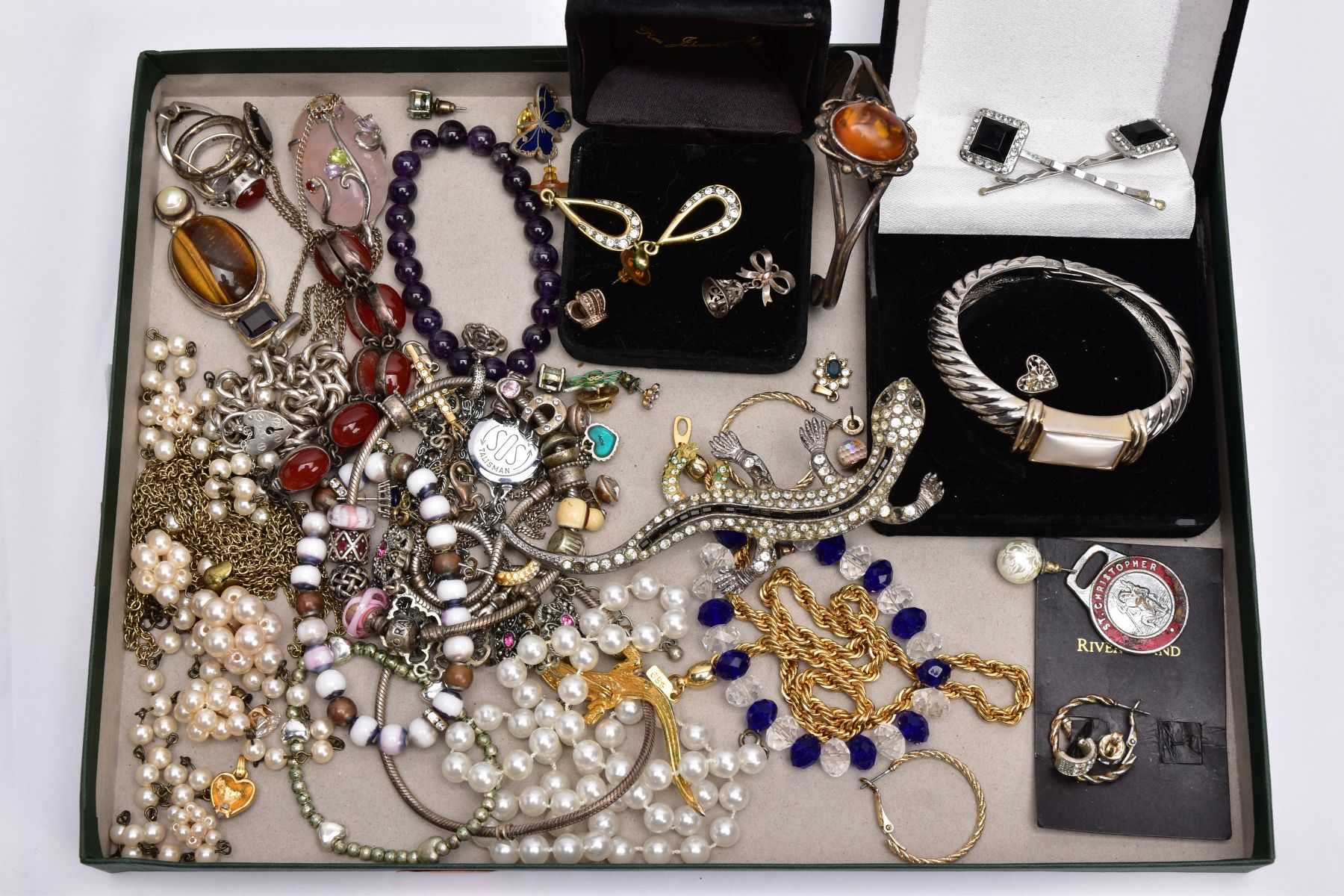 A BOX OF ASSORTED COSTUME JEWELLERY, to include a silver pendant set with a large rose quartz