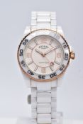 A MODERN WHITE CERAMIC ROTARY WATCH, case measuring approximately 44mm in diameter, quartz movement,