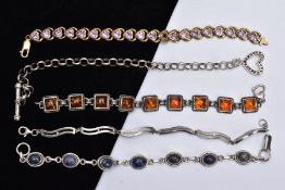 FIVE BRACELETS, to include a silver gilt line bracelet, designed with heart shaped links each set